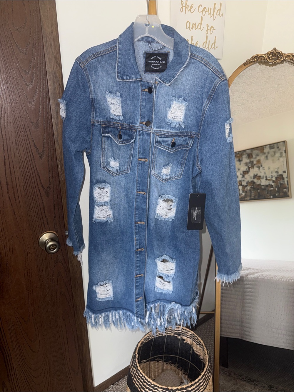 American Bazi Distressed Long Blue Denim Jacket